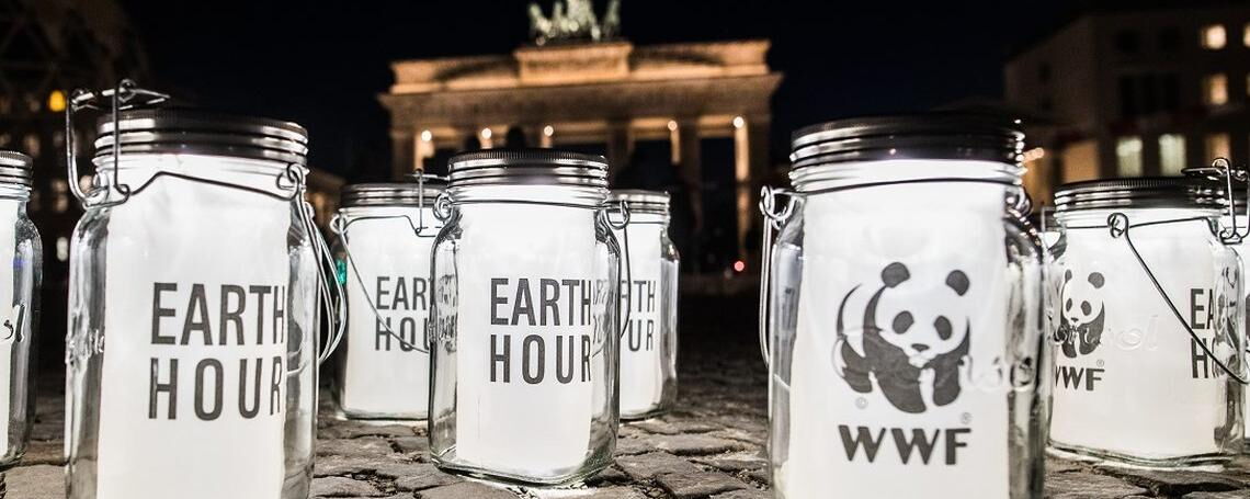 Eine der einflussreichsten WWF-Aktionen ist die „Earth Hour“, bei der Millionen von Menschen weltweit das Licht ausschalten, um für den Klimaschutz zu werben. 2018 fand sie am 24. März statt. Auch am Brandenburger Tor versammelten sich dazu Aktivisten.