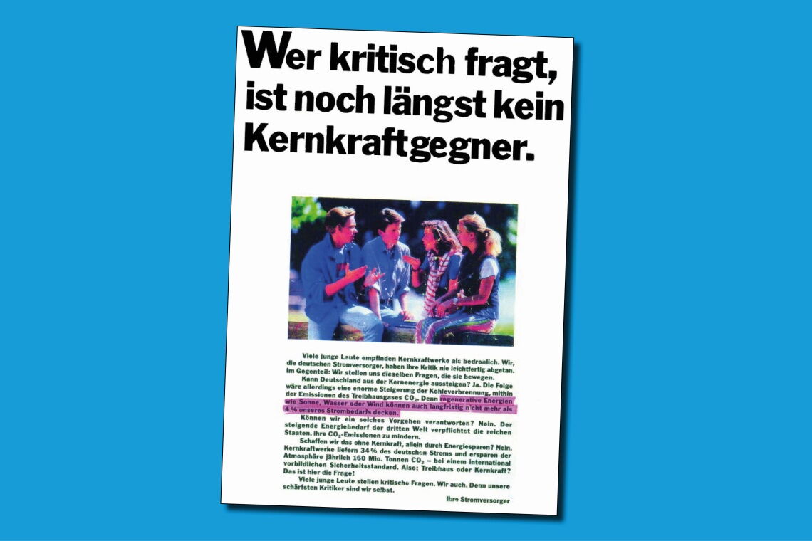 Regenerative Energien könnten niemals mehr als vier Prozent des deutschen Strombedarfs decken, behaupten große Stromversorger in einer Anzeige von 1993.