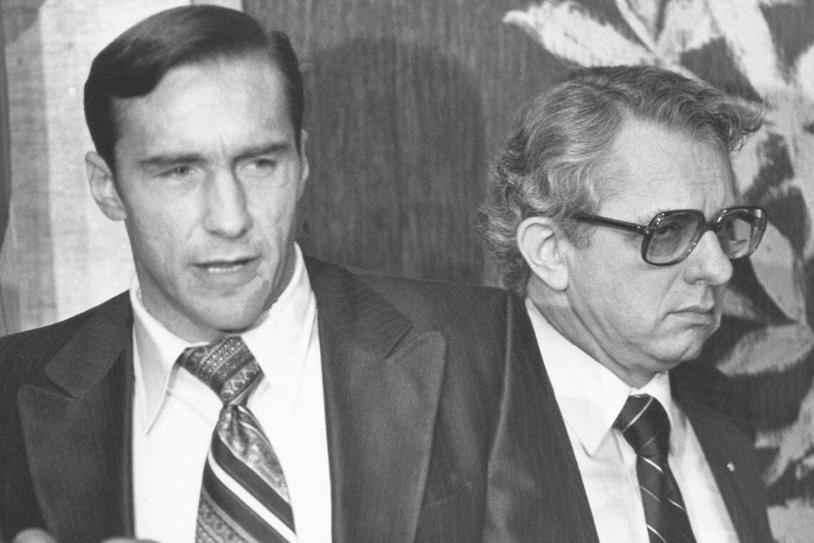 Atomunfall in Three Mile Island 1979: John Herbein (links) von MetEd bei einem seiner desaströsen Pressetermine.