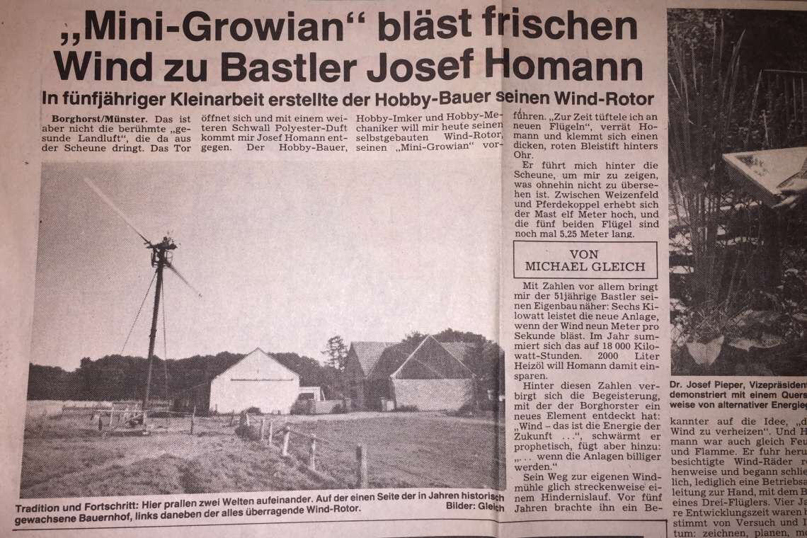 In den Achtzigern ist ein Windrad ein ungewöhnlicher Anblick. Die Zeitungen berichten mehrfach über das selbstgebaute Windrad von Josef Homann.